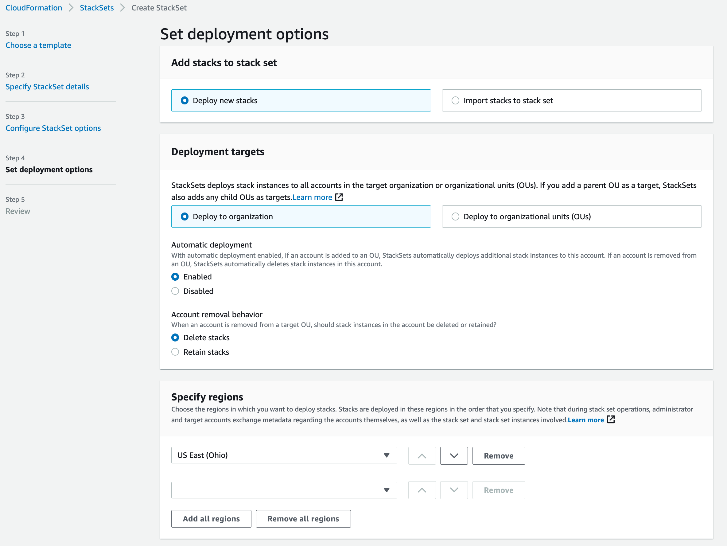 Set deployment options